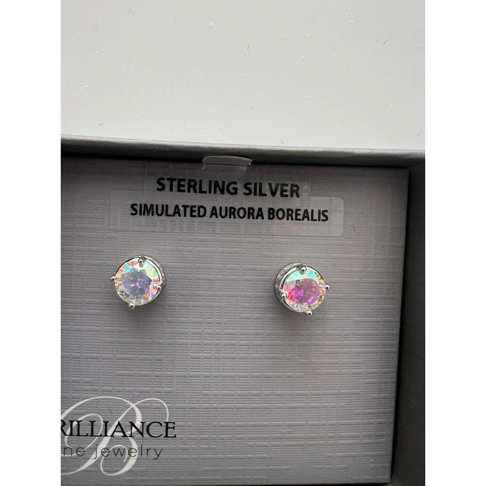 Round stud sterling silver earrings, simulated Aurora Borealis crystal details